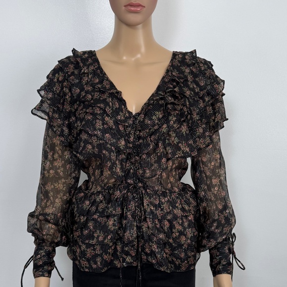 NWT TOPSHOP Floral Black Sheer Ruffle Blouse Metallic & Ties, Women's Size 6 - Picture 1 of 10